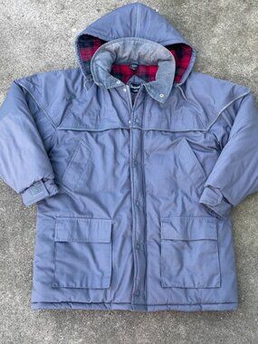 VTG 70s Chore Jacket Barn Coat Gray Plaid L Workwear Corduroy Quilted Sun Faded